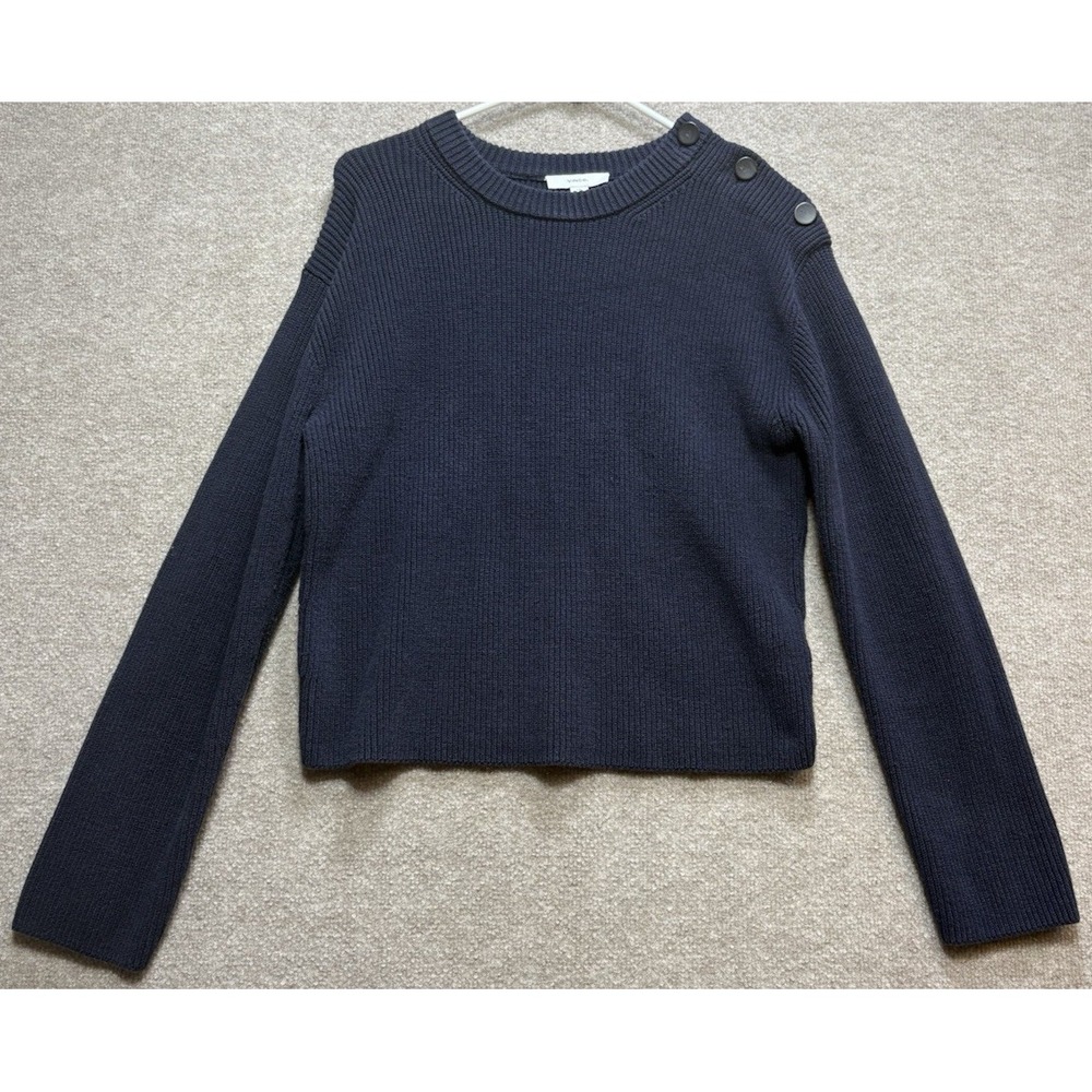 Vince Women's Large Sweater Navy Blue Ribbed Knit Shoulder Button Long Sleeve